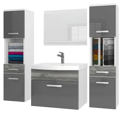 Immagine prodotto di Set di mobili da bagno BELINI PRI PM6, 120 cm, grigio glamour, finitura lucida. Mobile bagno moderno con lavabo e specchio, completo di tutti gli accessori, da montare a parete
