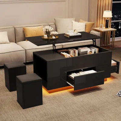 Produktbild von Couchtisch 100 x 50 x 45 cm, couchtisch höhenverstellbar aus Spanplatte in Schwarz, mit 2 Schubladen, LED und verstecktem Stauraum