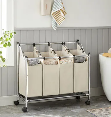 Produktbild von SONGMICS Wäschekorb, mit 4 abnehmbaren Stofftaschen, Rollen, 4 x 35 L, beige