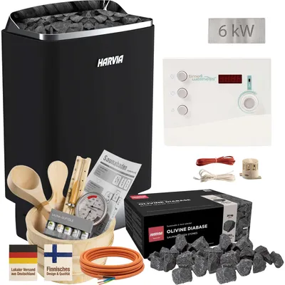 Produktbild von Harvia TopSteel M60E Black - 6 kW Saunaofen Set 18-teilig, K2 Steuerung T4W Edition, Aufgussset, Steine & Kabel - Komplett-Set