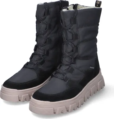 A pair of black winter boots with pink soles, presented on a white background.