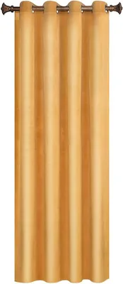 A single, golden curtain hangs from a curtain rod.