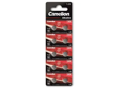 A blister pack of Camelion Alkaline button cell batteries.