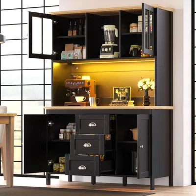 Produktbild von okwish LED-Hochschrank Buffetschrank mit vier Schranktüren,Seitenschrank mit drei  Schubladen,Küchenschrank Aufbewahrungsschrank mit offenen Regalbereich,schwarz