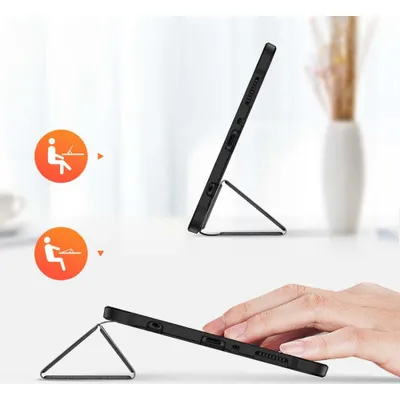 A tablet case is shown in different positions, demonstrating its stand functionality, with icons indicating usage scenarios.