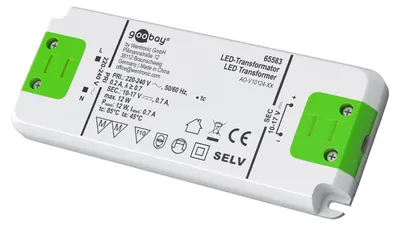Obrázok produktu pre Goobay 65583 LED transformátor konštantného prúdu 700 mA, 12 W, super plochý, bielo-zelený - pre LED diódy s konštantným prúdom 700 mA do celkovej záťaže 12 W v rozsahu napätia 10-17 V (DC)