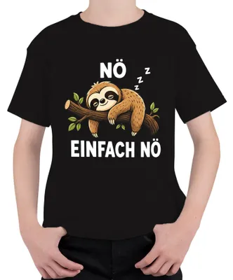 Productafbeelding van Eenvoudig T-shirt met de tekst "Nee", afbeelding van een slapende luiaard, met de woorden "Faulerd", "Statement" en "Sarcasme". Kleur: zwart. Maat: 128