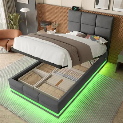 Produktbild von okwish Polsterbett 90x200 Jugendbett mit höhenverstellbarem Kopfteil,mit USB-Anschlüssen und LED-Ambientebeleuchtung auch Stauraum,Grau(ohne Matratze)