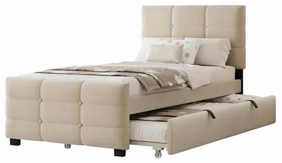 Zdjęcie produktu dla Łóżko tapicerowane – łóżko pojedyncze 90 x 190 cm – z wysuwanym łóżkiem – pokrycie z aksamitu przyjaznego dla skóry – rama z litego drewna – beżowe
