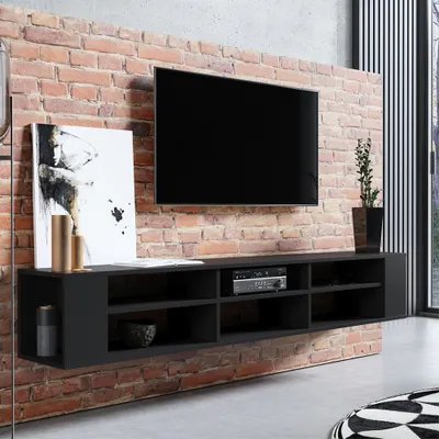 Image de Selsey WERI - Tableau TV / TV - Tableau suspendu Noir avec 6 compartiments ouverts, minimaliste, largeur 175 cm