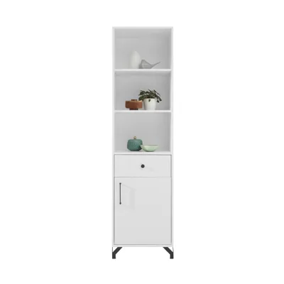 Produktbild von Bücherregal BERGO Weiß 50x190x40 cm, Standregal mit 1 Schublade, Tür und offenen Regalen
