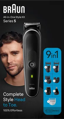 Produktbild von Braun 9-in-1 Styling-Set 5 MGK5410 Bart, Körper, Haar. Mit 100 Min. Akkulaufzeit, Aufbewahrungsbeutel, in Grau, Schwarz, Metall, Kunststoff, 1 mm, 2,1 cm, Universal, Bart, Ohr, Gesicht, Nase