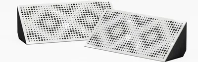 Two white triangular acoustic bass traps with a black base are shown against a white background.