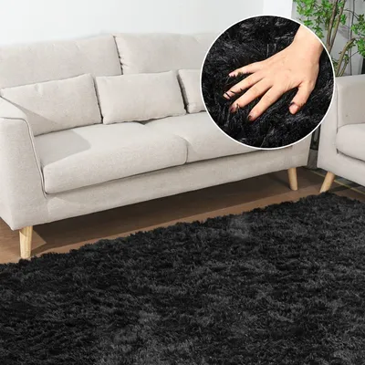 Produktbild von Hochflor Teppich Wohnzimmer Teppich Fellteppich Kunstfell Shaggy Flauschig 200 x 300 cm, Schwarz