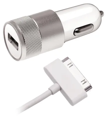 Obrázek produktu pro Nabíječka do auta APM, USB-A, 2,1 A, bílá, s 30-pinovým kabelem, délka 1 m, nabíječka do automobilu