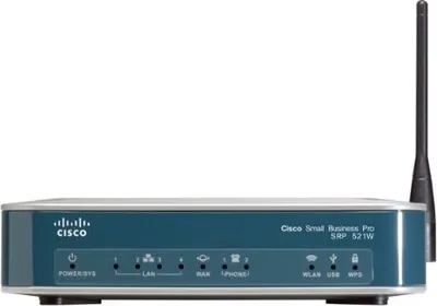 Produktbild von Cisco SRP 521W Wi-Fi 4 IEEE 802.11n Drahtlos Router - 2,40 GHz ISM-Band - 1 x Antenne - 6,75 MB/s Drahtlosgeschwindigkeit - 4 x Netzwerk-Anschluss - 1 x Breitband-Anschluss - USB - Fast Ethernet
