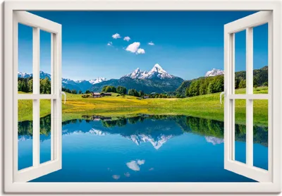 Produktbild von ARTland Leinwandbild Fensterblick Alpen und Bergsee Größe: 100x70 cm