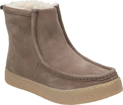 A single beige suede boot with white shearling lining is shown against a white background.