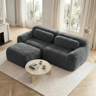 Image de Canapé d'angle modulaire pour deux personnes, avec des courbes et un repose-pied, canapé relaxant en forme de L avec base antidérapante et coussins, revêtement en tissu doux, couleur gris