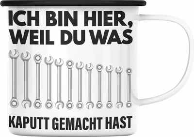Produktbild von Trendation - Handwerker KFZ Mechaniker Geschenk Lustig Emaille Tasse Automechaniker Werkstatt Emaille Tasse Hausmeister (Schwarz)