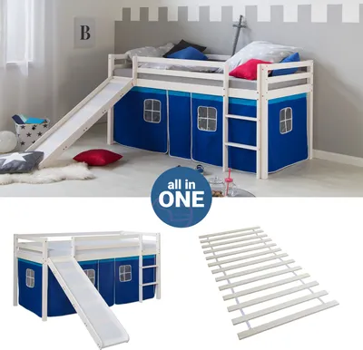Produktbild von Homestyle4u Hochbett 90x200 mit Rutsche Lattenrost Vorhang blau Kinderbett Weiß Holz Kiefer Massiv Stockbett