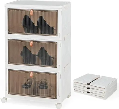 Produktbild von Faltbarer Schuhschrank, Schuh-Organizer mit transparenten magnetischen Türen & abschließbaren universellen Rädern, Kunststoffbehälter Schuhe 3 Ebenen