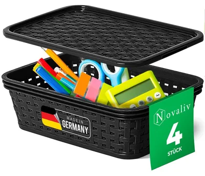 Produktbild von Novaliv 4er Set Elegante Aufbewahrungskörbe mit Deckel in Rattan-Optik | Schwarz Lebensmittelecht Kunststoff 1L – für Büro und Zuhause. Vielseitige Kisten zur Aufbewahrung. Ideale Aufbewahrungsbox