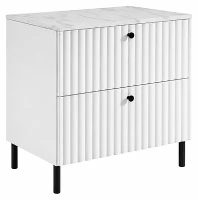 Immagine prodotto di Mobile bagno sospeso con piano 60 cm, bianco, e piano effetto marmo Bianco, maniglie disponibili in tre colori, piedi neri, dimensioni 60 x 44,4 x 73,6 cm, Immagine generata dall'IA