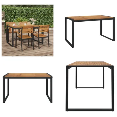 A collage of images showing a wooden garden table with black metal legs, presented in different angles and settings.