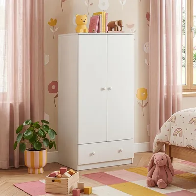 Immagine prodotto di Armadio per bambini "Beldinupp" con 2 ante, 1 barra appendiabiti e 1 cassetto. Dimensioni: 123 x 60 x 40 cm. Colore: bianco