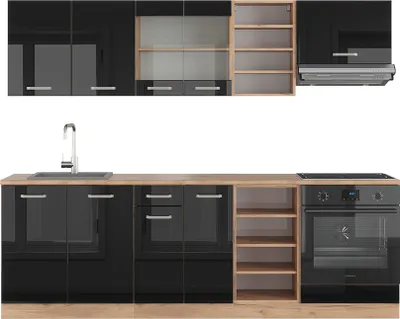 Produktbild von Küchenzeile Vicco R-Line Schwarz Hochglanz/Goldkraft Eiche 240 cm ohne Arbeitsplatte, Model 40979
