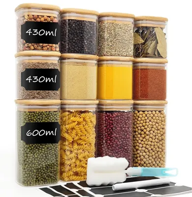 Vorratsgläser-Set 12er, rechteckig, Holzdeckel, 430/600 ml