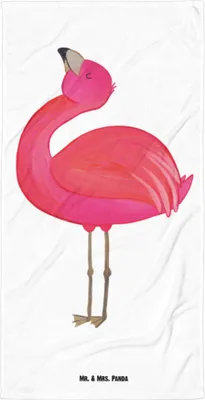 Produktbild von Mr. & Mrs. Panda Handtuch Flamingo Stolz - Weiß - Geschenk, Schwester, Badehandtuch, Mama, Tochter, Großes, Strandtuch, Duschtuch, Frottee-Handtuch