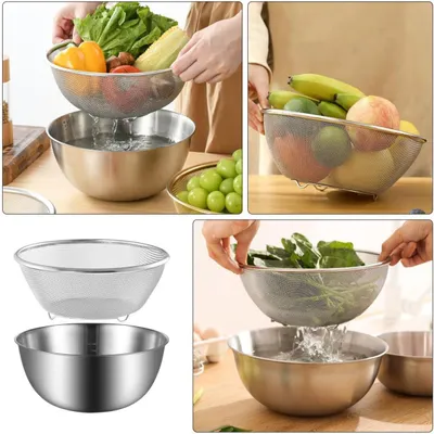 Produktbild von 2-teiliges Set aus Edelstahlsieb und Rührschüssel für Gemüse und Reis, feinmaschig, für Küchenspülen und zum Abtropfen von Obst