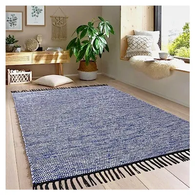 Produktbild von Handwebteppich Borkum für Wohnzimmer, Schlafzimmer und Küche, 100% Baumwolle, blau, 080x150 cm