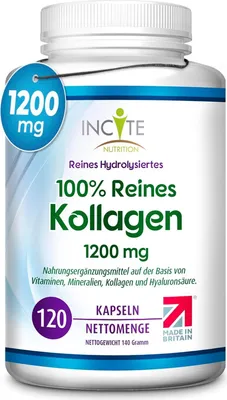 Produktbild von Incite Nutrition Meereskollagen, reines, hochwertiges hydrolysiertes Marine-Kollagen vom Typ 1 mit den Vitaminen C, E, B12, Kupfer, Zink und Jod