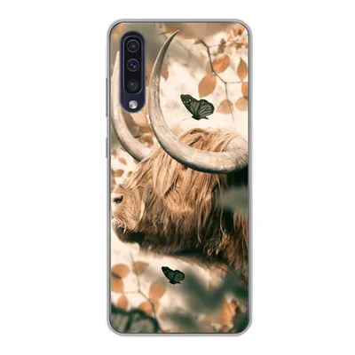 Produktbild von MuchoWow® Handyhülle Schutzhülle Hülle für Samsung Galaxy A30s Schottische Highlander - Schmetterlinge - Blätter Silikon Softcase Handy Hülle - Karteninhaber