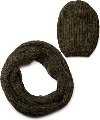 Produktbild von styleBREAKER Schal und Mütze Kombi Set, marmorierter Grobstrick Loop Schlauchschal mit Strick Beanie Mütze 01018206