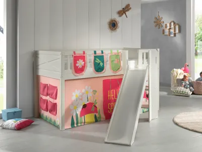 Image de VIPACK - Lit de jeu SCOTT, LF 90 x 200 cm, avec sommier à lattes, toboggan, échelle et set textile rideau et 3 sacs "Spring