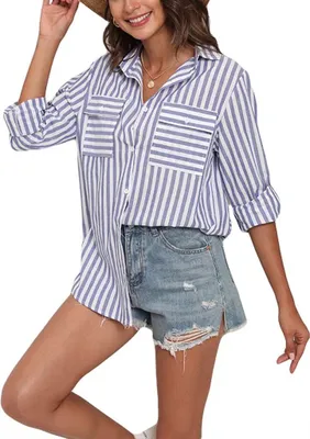 Produktbild von ASKSA Damen Bluse Langarm Streifen Knöpfen Hemd Oberteile Baumwolle Leinen V-Ausschnitt Casual Lose Shirts, Dunkelblau, XL