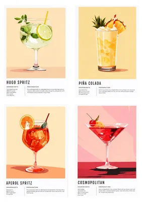 4 Retro-Cocktailposter, 20x30 cm, Wanddeko, Vintage, Limoncello