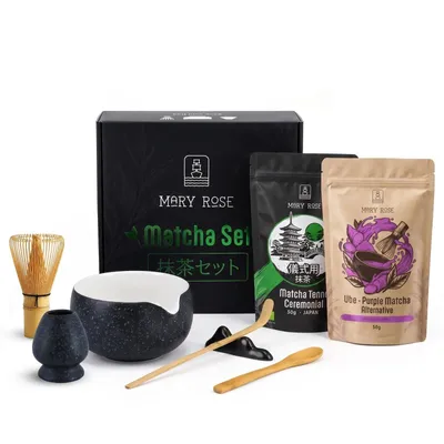 Produktbild von Mary Rose - Matcha Tee Geschenkset Ceremonial 30g Ube 50g - Schwarz Schale Kurai 470ml - Mit Bambus Chasen Besen - Ideal Für Purple Matcha Latte