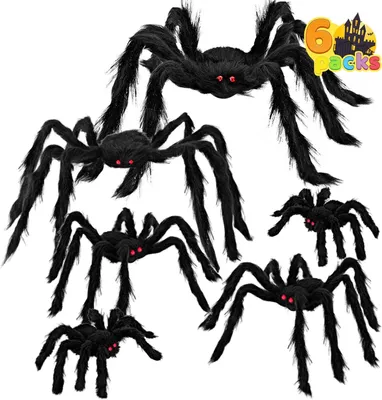 Obrázek produktu pro Dekorace na Halloween pro venkovní použití – sada obřích pavouků – sada 6 kusů – černé, chlupaté, velké pavouky