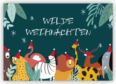 Produktbild von 4x Lustige Dschungel Weihnachtskarte mit Weihnachts-Tieren: Wilde Weihnachten