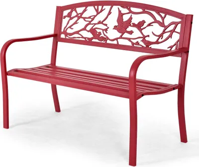 Produktbild von Gartenbank Metall, Garten Sitzbank Outdoor, Eisenbank für 2-3 Sitzer, Sitzbank mit Armlehnen, Parkbank Gartenmöbel (Rot)