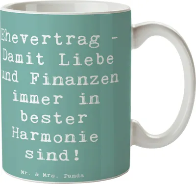 Produktbild von Mr. & Mrs. Panda Kaffeetasse Spruch Ehevertrag Liebe Finanzen - Meeresbrise - Geschenk, Teetasse, Lebensglück, Fairness, Partnerschaft, Tasse, Heiraten, Beziehung, Heirat