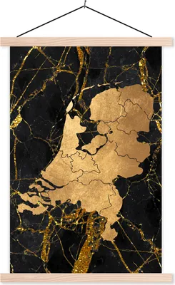 Produktbild von MuchoWow® Textilposter Karte - Niederlande - Gold 40x60 cm mit holzfarbenen Rahmen - Poster