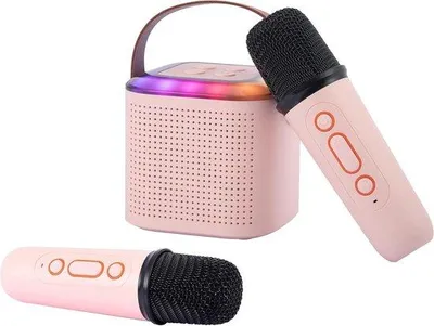 Image de Système de karaoké portable avec 2 microphones sans fil, éclairage LED, rose, pour enfants et adultes