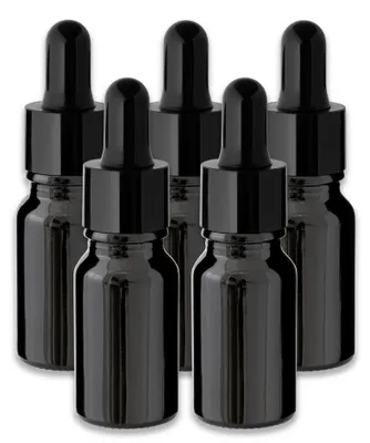 Produktbild von 5x Schwarze Glasflasche 10 ml mit schwarzer Pipette – Tropfflasche
