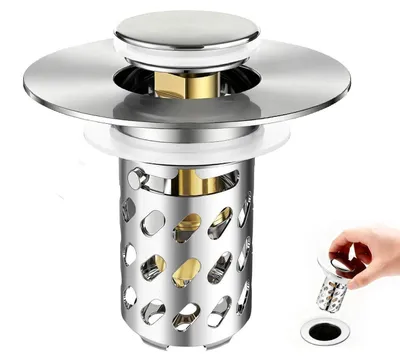 Image de Bouchon de lavabo pop-up en acier inoxydable avec filtre, corps en laiton, diamètre 28,5-55 mm, anti-obstruction, finition chromée brillante